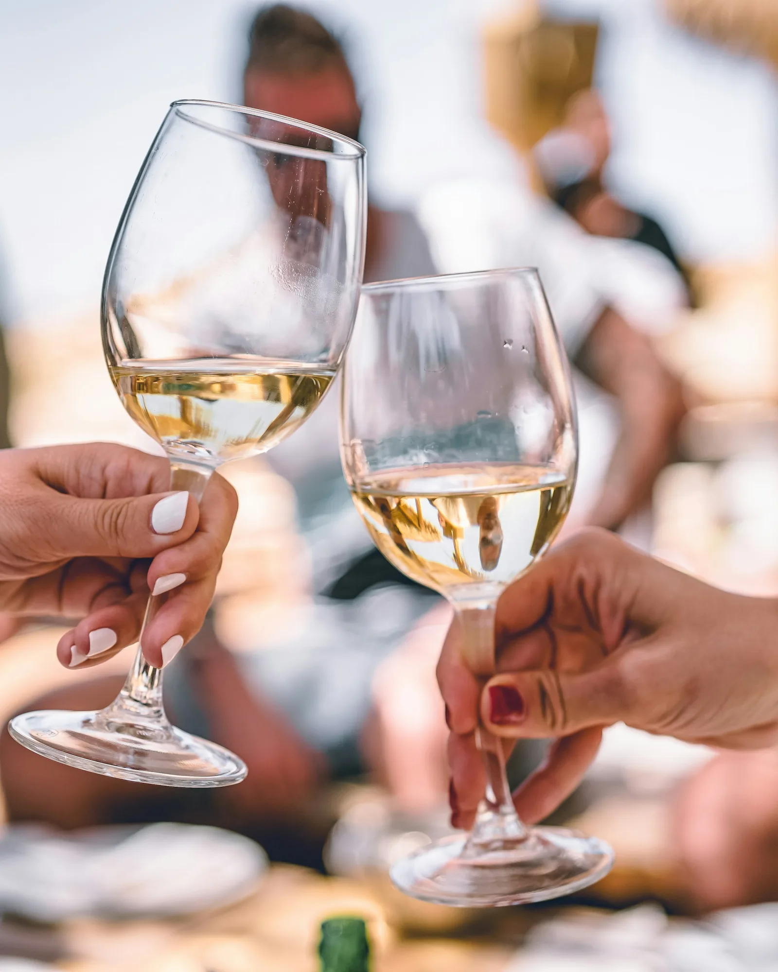 Pessoas com copos de vinho branco na mão, a fazer um brinde numa reunião social ao ar livre